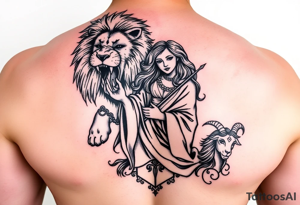 Roaring Leo lion holding virgo woman with robe and wavy hair, Sagittarius female and Capricorn male at the bottom tattoo idea