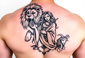 Roaring Leo lion holding virgo woman with robe and wavy hair, Sagittarius female and Capricorn male at the bottom tattoo idea