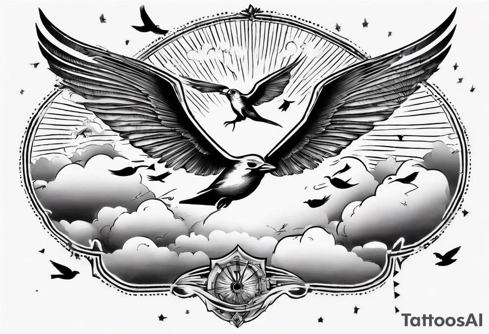a shoulder tattoo with rays of light, clouds and birds flying free tattoo idea