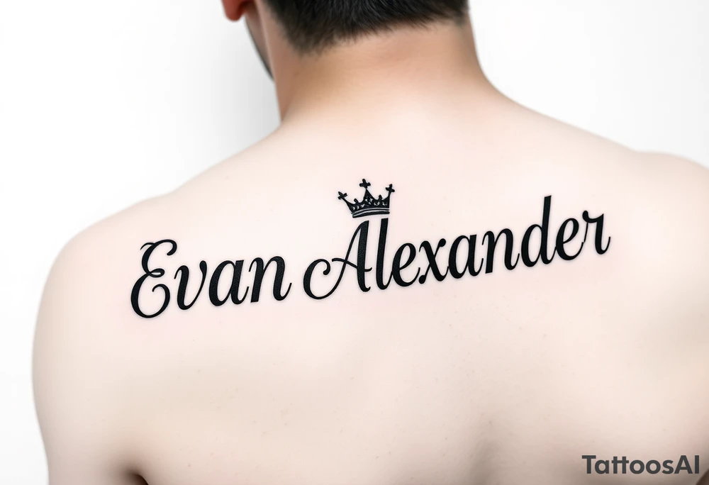 Name tattoo that says Evan Alexander with a crown on forearm tattoo idea