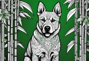 Irezumi style black and white dog in bamboo grove in front of green scale background tattoo idea