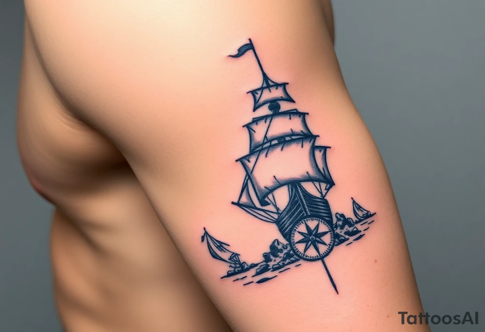 A tattered galleon ship sailing toward a stormy and rocky shore and a compass pointing home tattoo idea