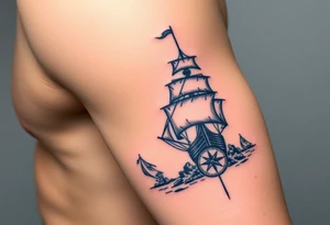 A tattered galleon ship sailing toward a stormy and rocky shore and a compass pointing home tattoo idea