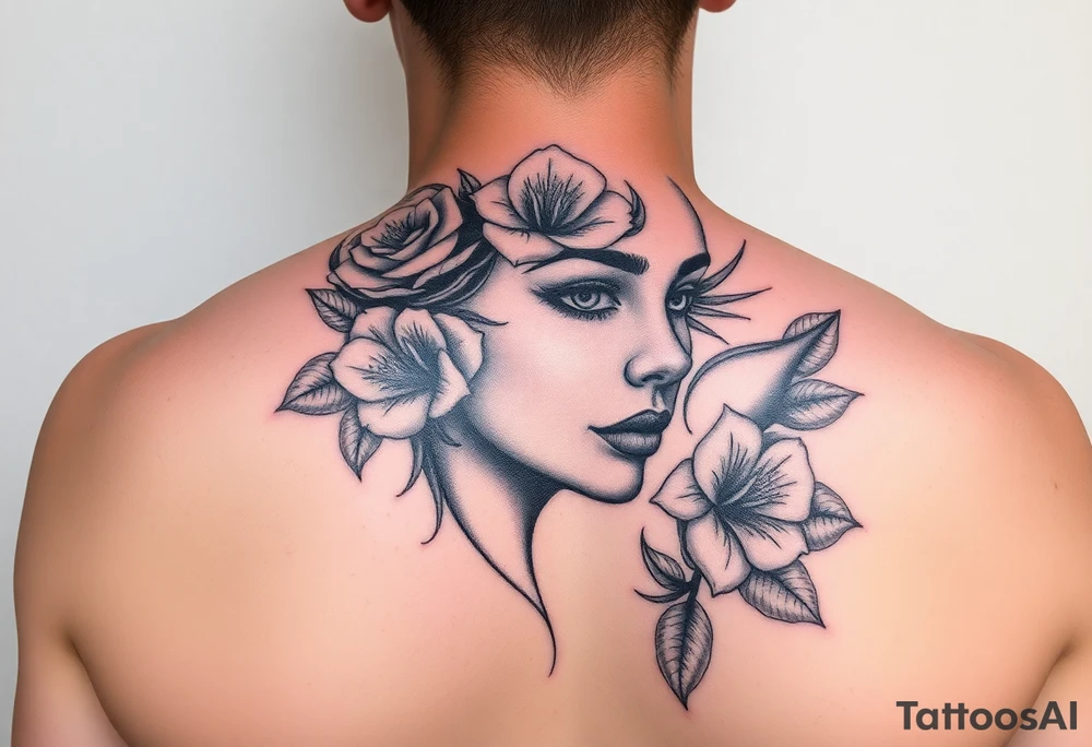 A detailed woman's face blended with roses, lilies, or cherry blossoms. tattoo idea