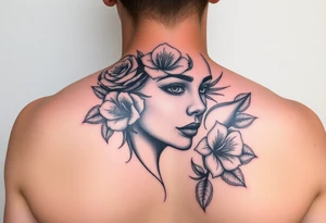 A detailed woman's face blended with roses, lilies, or cherry blossoms. tattoo idea