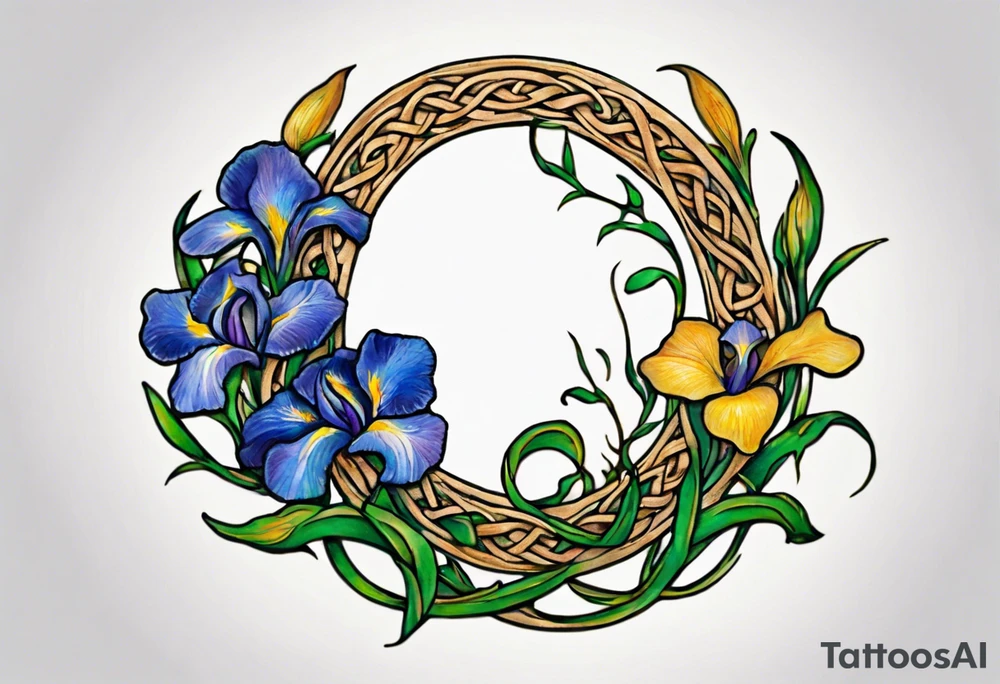 Create a small, colorful Vincent van Gogh Irises tattoo in the form of a crescent, with vines in Celtic knot style gracefully intertwining at a central point in the middle of the wreath. The intended placement is on the upper chest. The middle needs mountains. The overall design should be small in size while maintaining a delicate and artistic aesthetic. Pay attention to the graceful flow of the vines and the placement of the irises to achieve a refined and elegant look. tattoo idea