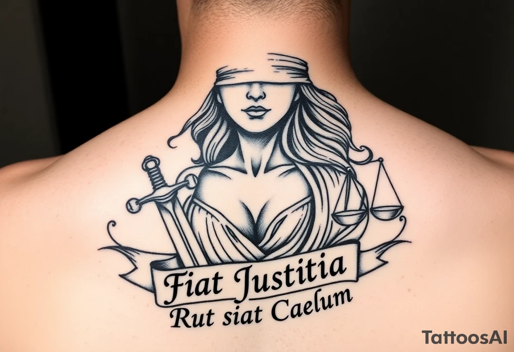 A striking black and grey tattoo design of a regal, blindfolded woman, symbolizing justice. She has an air of strength and wisdom, with flowing hair and a serene yet powerful expression. One breast is exposed, representing vulnerability and truth. She holds a sword in one hand, symbolizing enforcement of justice, and a set of scales in the other, signifying balance. The Latin phrase ‘Fiat Justitia Ruat Caelum’ is elegantly inscribed in a classical, Roman-inspired font, either flowing beneath her or wrapping around the design. The overall style is a fusion of realism and fine-line tattoo artistry, with intricate shading and dramatic contrasts to give depth and texture tattoo idea