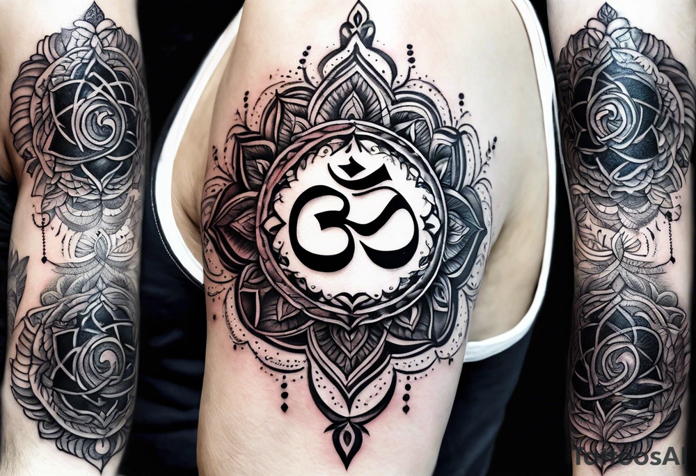 Spiritual forearm sleeve tattoo centred around the Sanskrit Om symbol for breathe tattoo idea