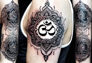 Spiritual forearm sleeve tattoo centred around the Sanskrit Om symbol for breathe tattoo idea