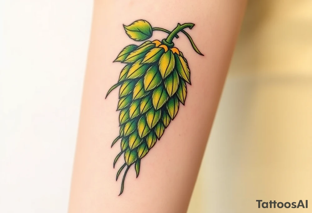 A detailed hop cone with deep green and golden hues, wrapped in barley stalks, symbolizing the essence of brewing tattoo idea