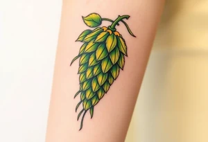 A detailed hop cone with deep green and golden hues, wrapped in barley stalks, symbolizing the essence of brewing tattoo idea