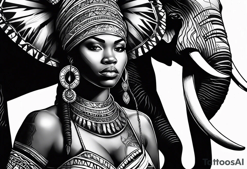 African woman warrior with tribe scars and spear in hand with elephant in background tattoo idea