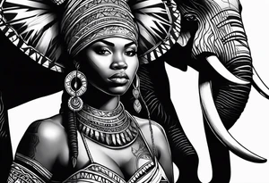 African woman warrior with tribe scars and spear in hand with elephant in background tattoo idea