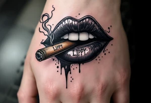 Set of mean lips with a cigar and smoke saying LIPPY tattoo idea