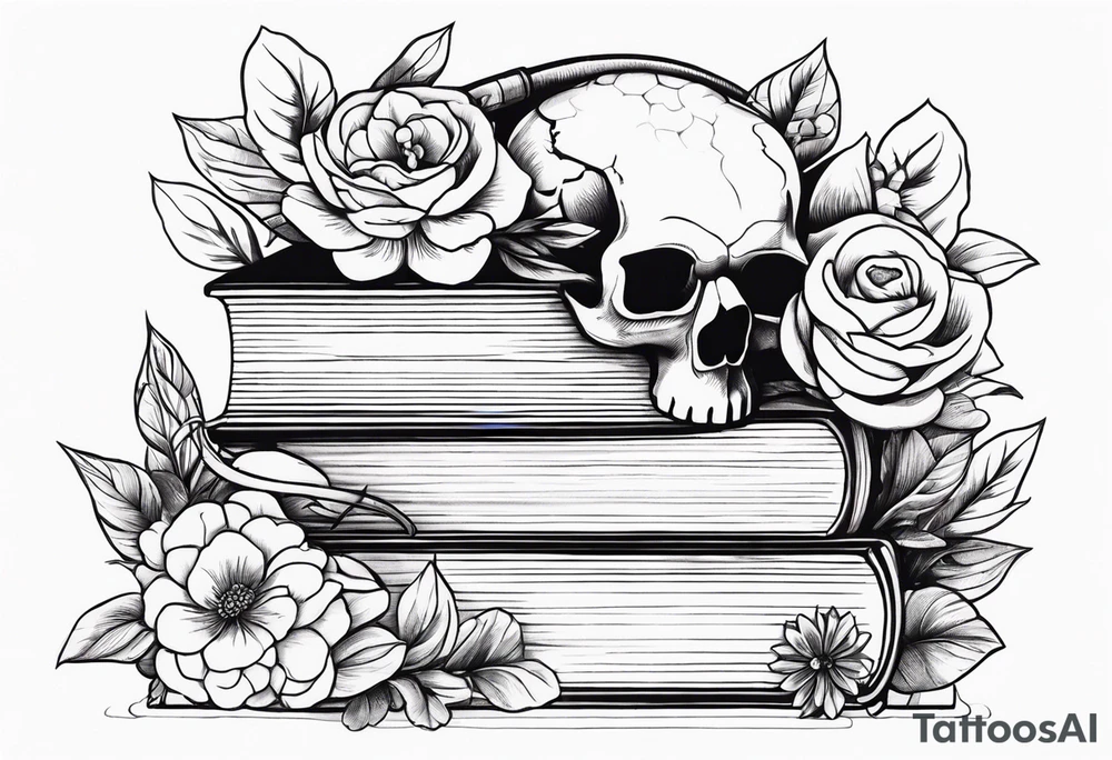 feminine tattoo of stacked books and flowers with a snake and skull tattoo idea
