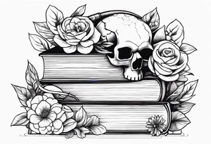 feminine tattoo of stacked books and flowers with a snake and skull tattoo idea