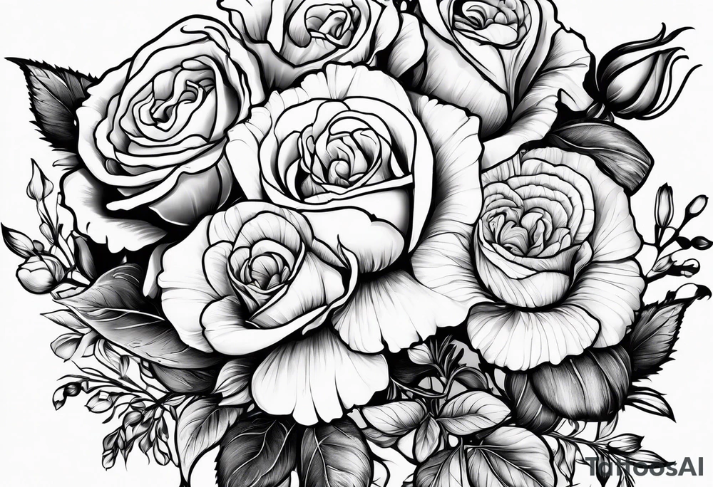wrap around with roses, larkspur, carnation, and daisy tattoo idea