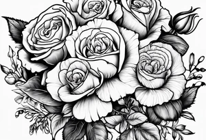 wrap around with roses, larkspur, carnation, and daisy tattoo idea