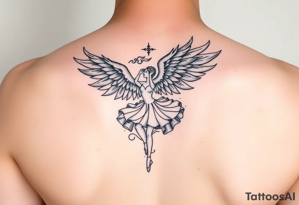Feminine fine line, incorporating a phoenix, a ballet dancer and a Japanese symbol tattoo idea