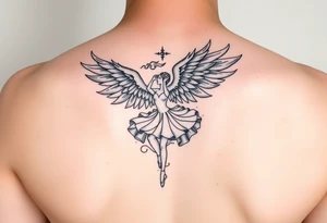 Feminine fine line, incorporating a phoenix, a ballet dancer and a Japanese symbol tattoo idea
