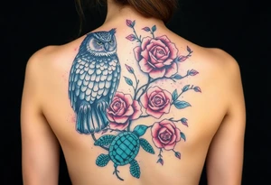 Full back owl on left shoulder flowers on right 3 turtles down spine use multiple rose and vine overlay to fill the empty areas tattoo idea