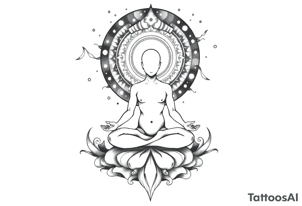 a figure - just a shadow /outline sitting in lotus position meditating based on the lyrics “doing time in the universal mind” by the doors - with a psychedelic trippy background as the meditation expands out from his head into the universe / cosmos tattoo idea