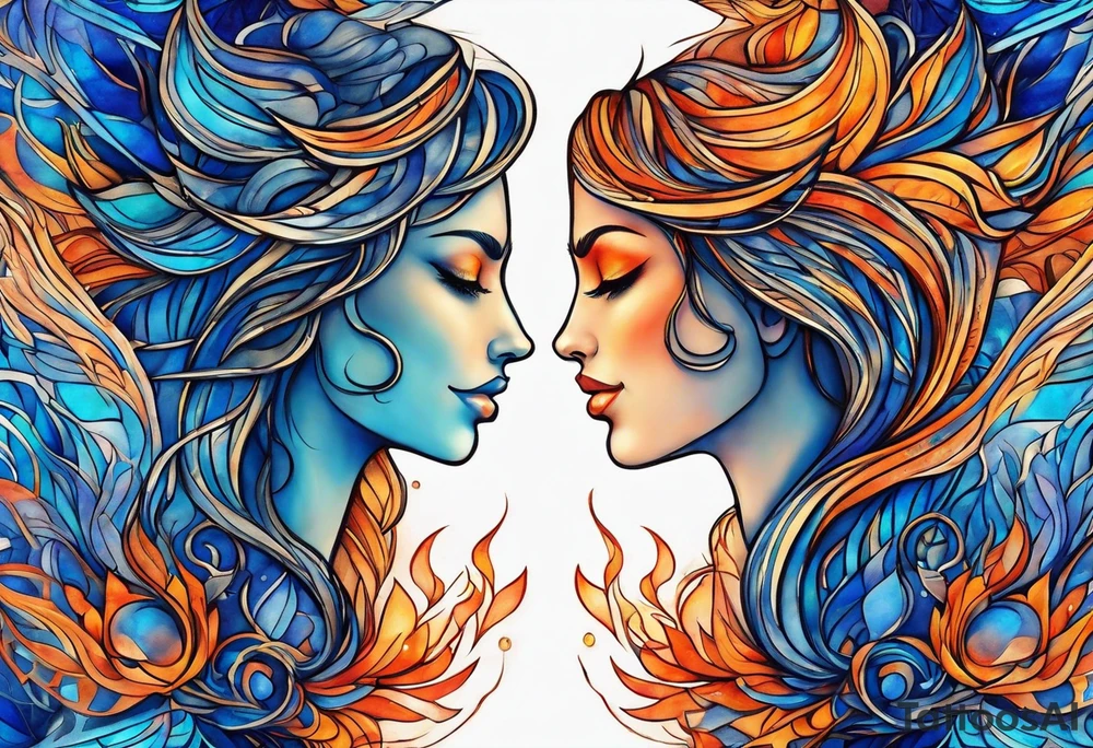 Twin flame symbol with blue and orange fire. Intricate lining and watercolor paint for the fire. Make it a small tattoo. tattoo idea