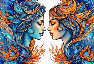 Twin flame symbol with blue and orange fire. Intricate lining and watercolor paint for the fire. Make it a small tattoo. tattoo idea
