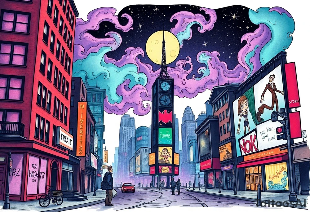Tim Burton’s new york time square from outside view is the street abandoned and dripping with muted reds, dusty pinks, and eerie green glow purple and cyan smokey clouds swirl and dance in the moonlit night sky filled with twinkling stars  tattoo idea tattoo idea
