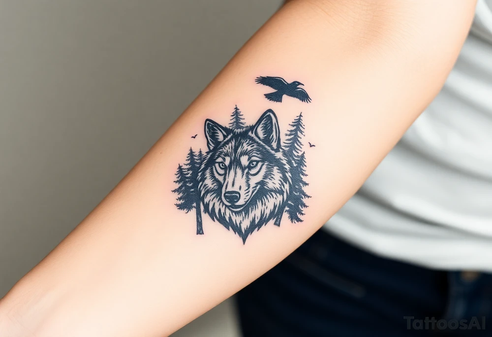 Wolf head surrounded by large pine trees and ravens flying overhead tattoo idea