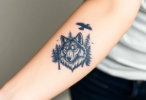 Wolf head surrounded by large pine trees and ravens flying overhead tattoo idea