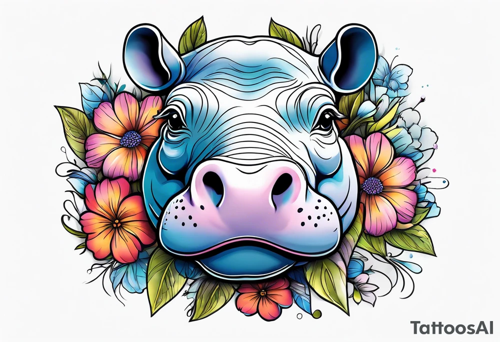 cute hippo with flowers tattoo idea