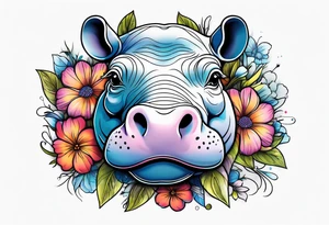 cute hippo with flowers tattoo idea