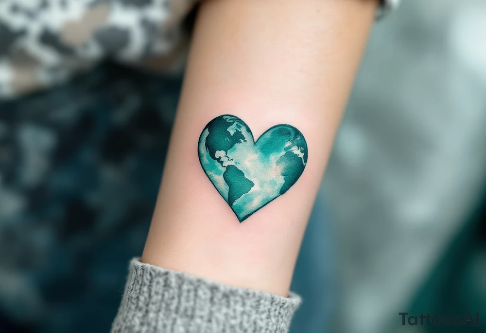 A heart-shaped Earth tattoo in pastel teal and moss green symbolizes love for the planet. tattoo idea