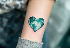 A heart-shaped Earth tattoo in pastel teal and moss green symbolizes love for the planet. tattoo idea