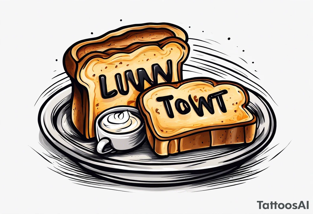 Burnt toast with the letters LGNTW carved into it tattoo idea