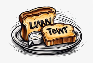 Burnt toast with the letters LGNTW carved into it tattoo idea