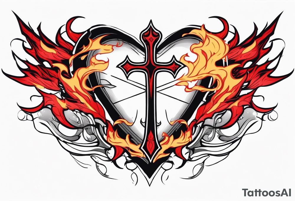 Heart with a sword running throught it and a cross and red flames coming out the top tattoo idea