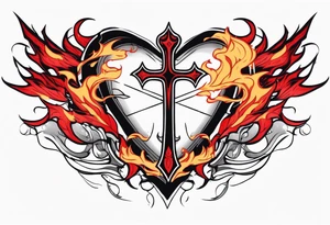 Heart with a sword running throught it and a cross and red flames coming out the top tattoo idea