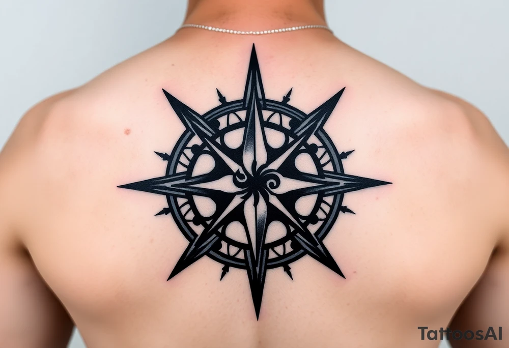 A sharp edged rip curl wave inside of a compass rose tattoo idea