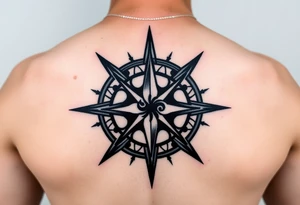 A sharp edged rip curl wave inside of a compass rose tattoo idea