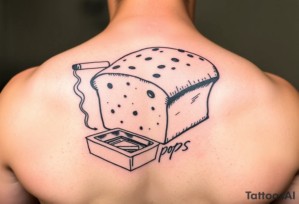 A loaf of bread smoking a cigarette with a ashtray  and pops written tattoo idea