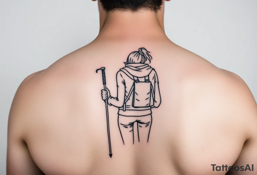 one fine line tattoo with a woman holding hiking poles and hiking (from behind) tattoo idea