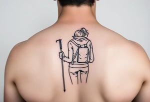 one fine line tattoo with a woman holding hiking poles and hiking (from behind) tattoo idea