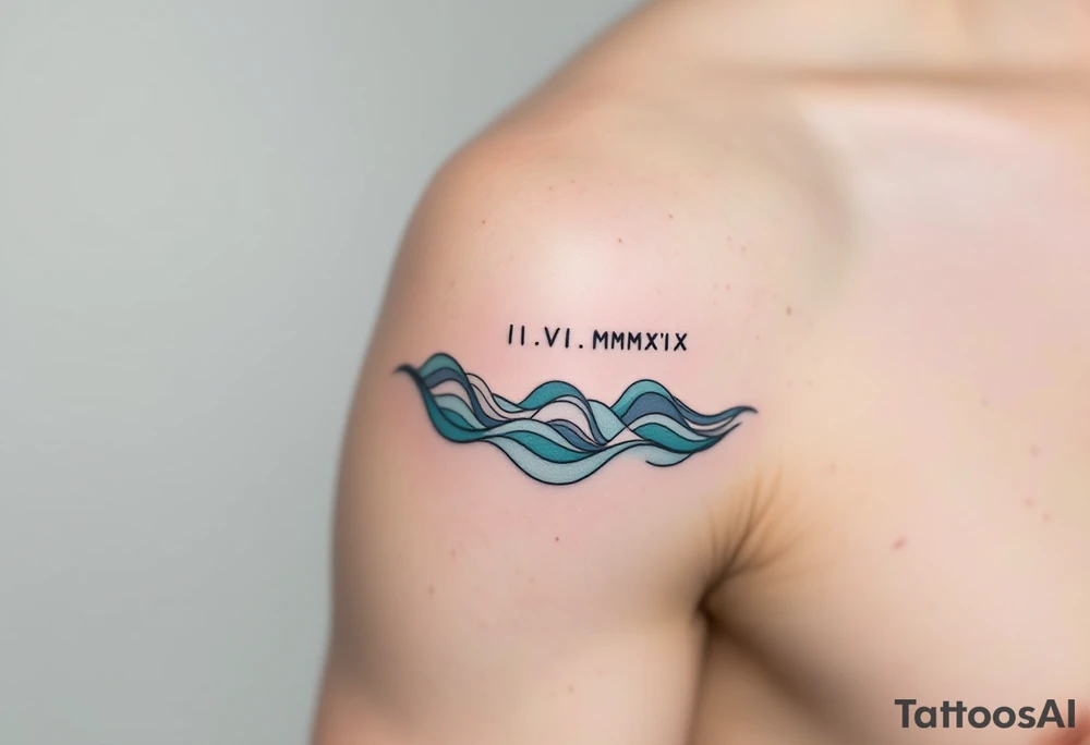 Fine-line II.VI.MMXIX in dark ink on the inner bicep, with stylized waves in desaturated teal flowing beneath. tattoo idea