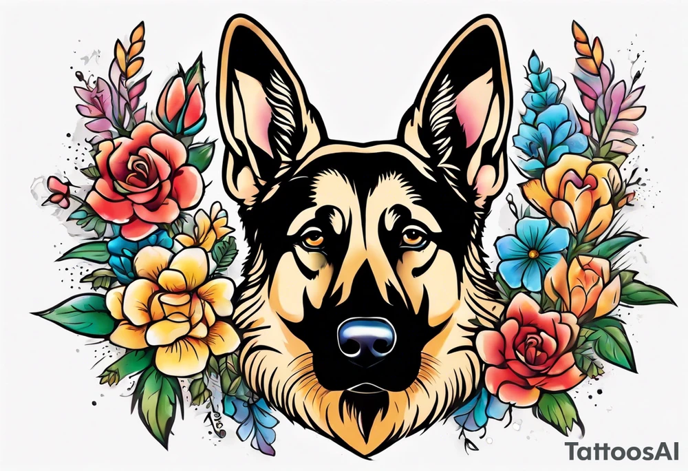 Sable coat German shepherd portrait brightly colored with flowers tattoo idea