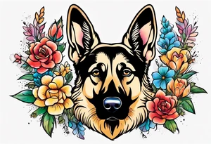 Sable coat German shepherd portrait brightly colored with flowers tattoo idea