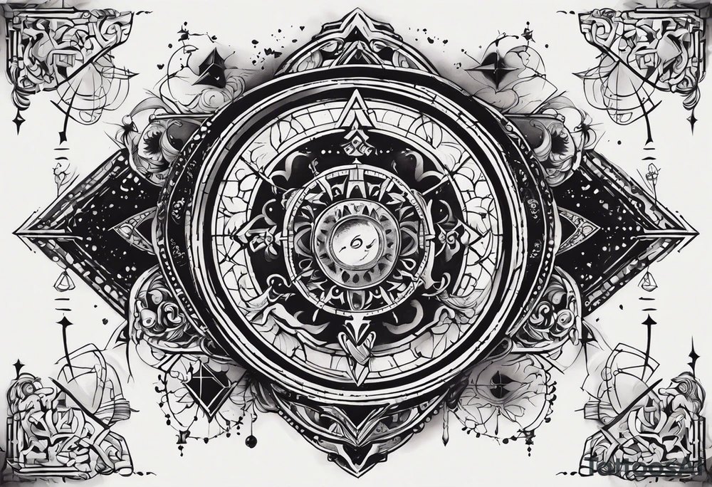 I want a mysterious enigmatic tattoo, with mysterious symbols and phrases, with the meaning of curiosity about conspiracy theories, the future, and the past, something that completes the upper part of the arm that is between the middle of the arm and the shoulder tattoo idea