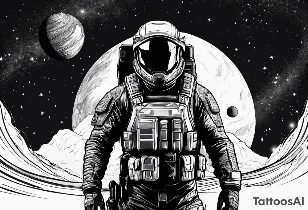 N7 Soldier in place on a planet with the cosmos in the background tattoo idea
