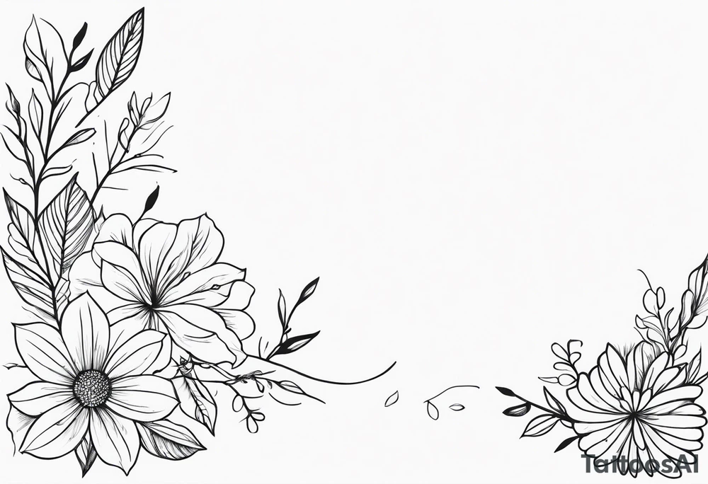 super long line of flowers and leaves for around thigh tattoo idea